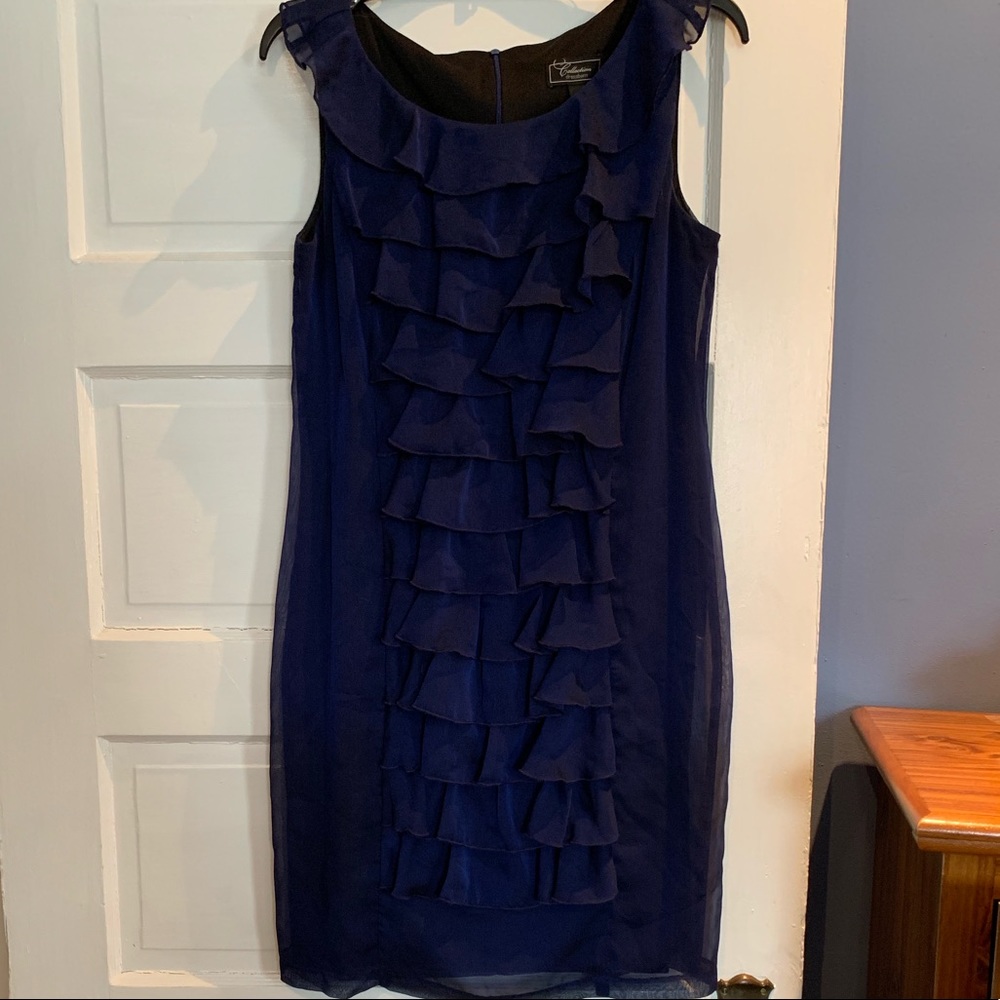 Navy dress perfect for a wedding.